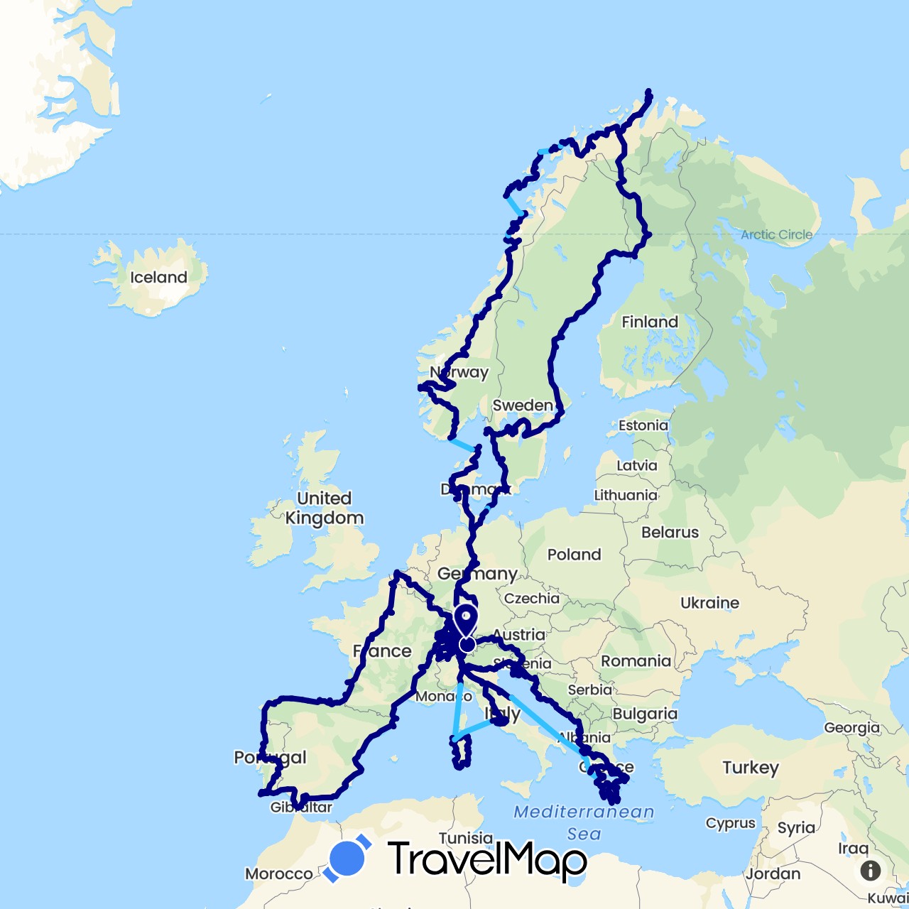 TravelMap itinerary: driving, boat in Albania, Austria, Belgium, Switzerland, Germany, Denmark, Spain, Finland, France, Gibraltar, Greece, Croatia, Italy, Luxembourg, Montenegro, Norway, Portugal, Sweden, Slovenia, San Marino (Europe)