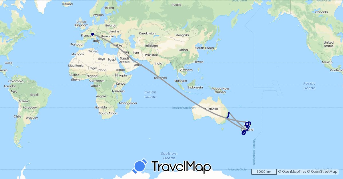 TravelMap itinerary: driving, plane, boat in Australia, Switzerland, New Zealand, Qatar (Asia, Europe, Oceania)