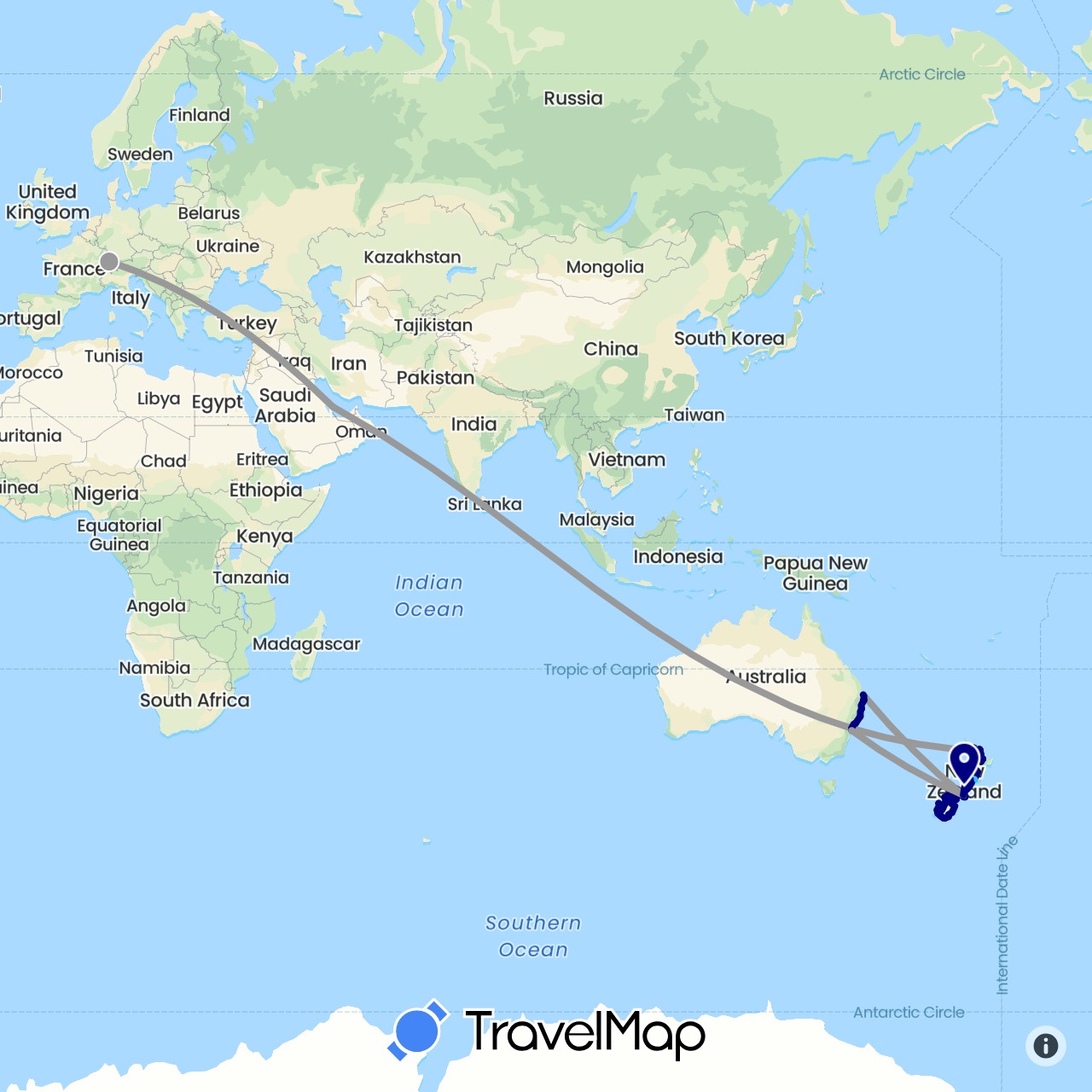 TravelMap itinerary: driving, plane, boat in Australia, Switzerland, New Zealand, Qatar (Asia, Europe, Oceania)
